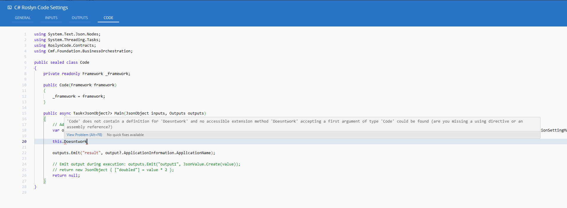 Compile error shown as an inline Monaco marker in the Code tab